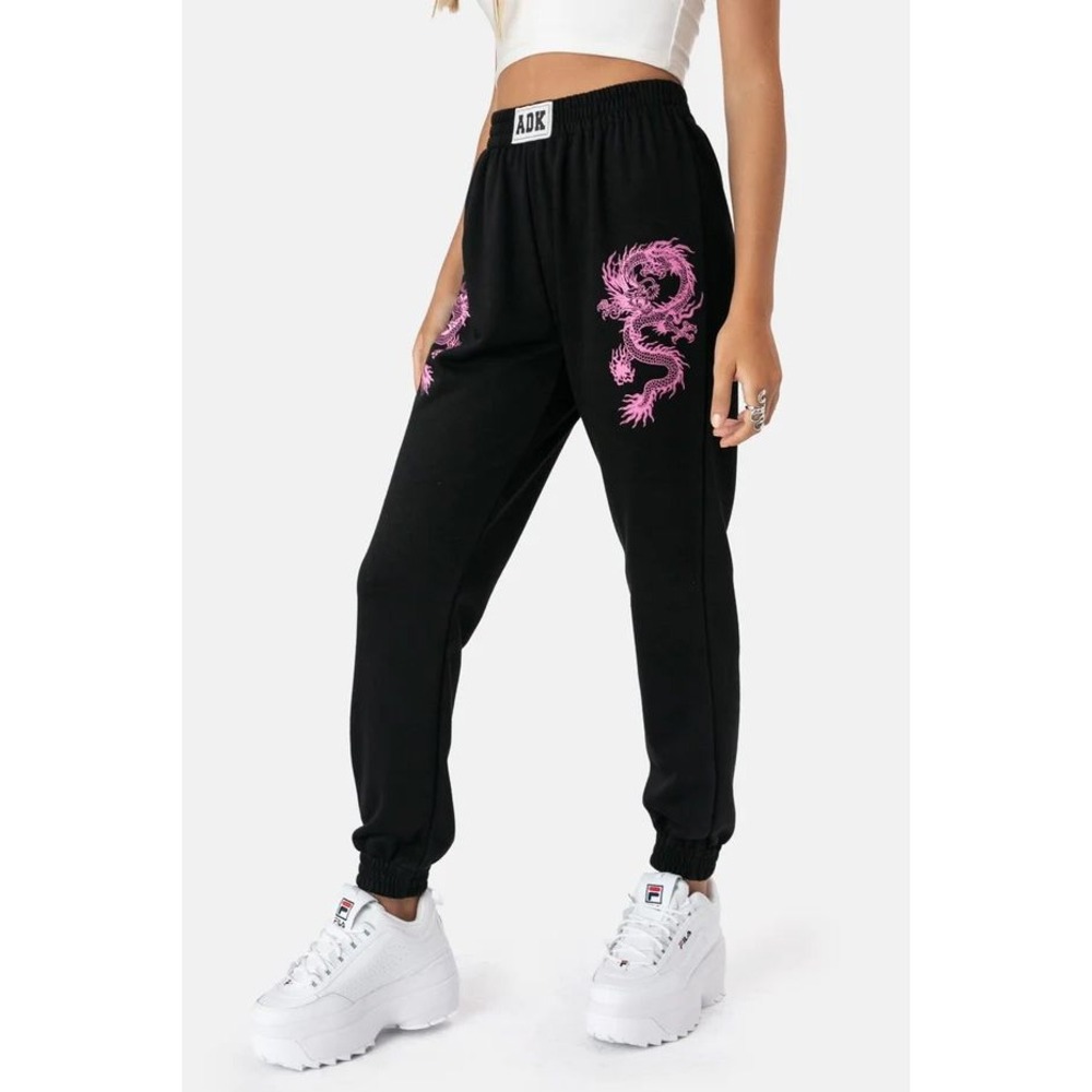 Adika ADK Black Pink Dragon Graphic Jogger Sweatpants Large Streetwear Y2K
